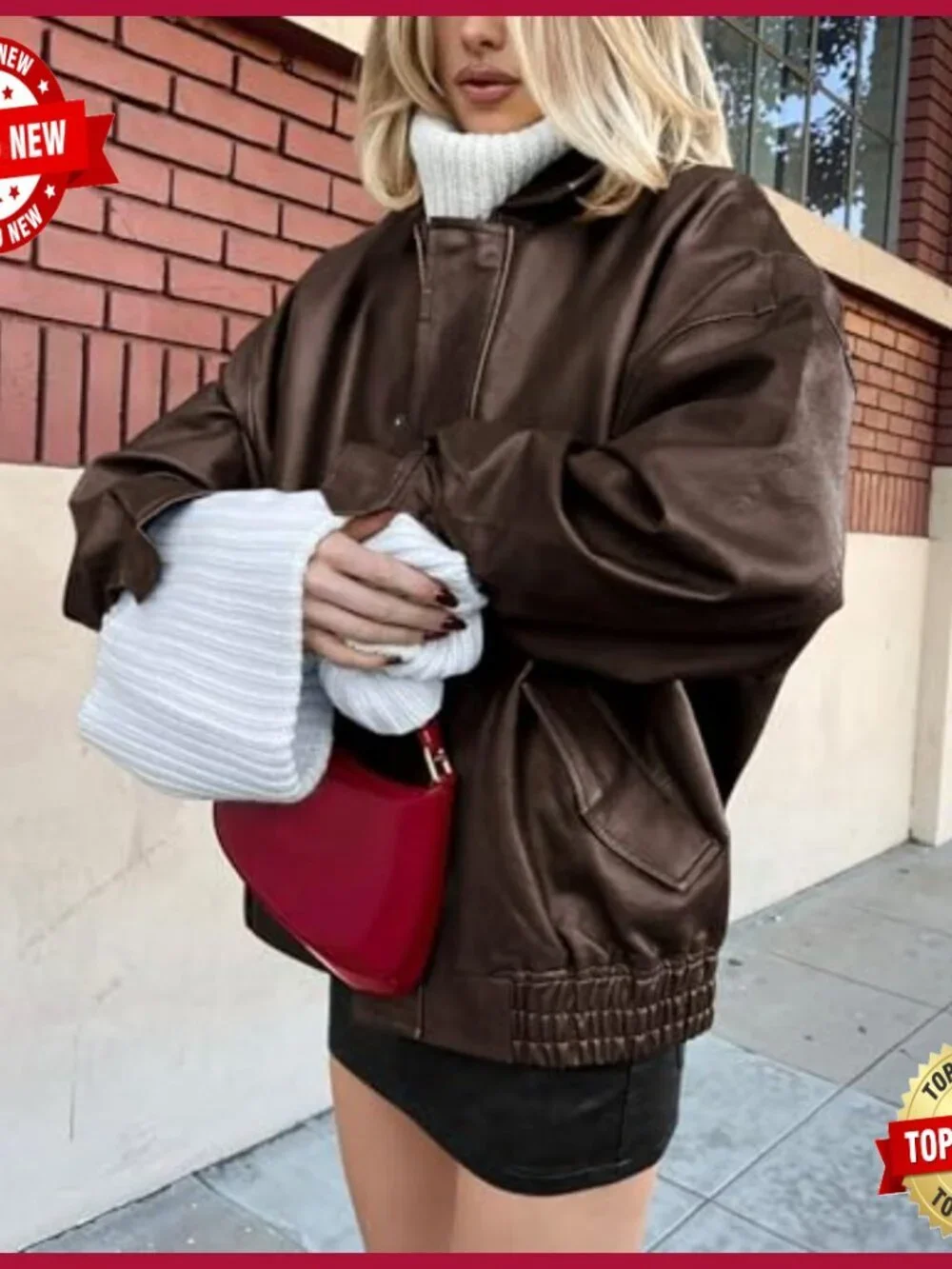 Faux Leather Motorcycle Jacket Oversized Zip Up Winter Coat Women's Outerwear - Picture 5 of 7